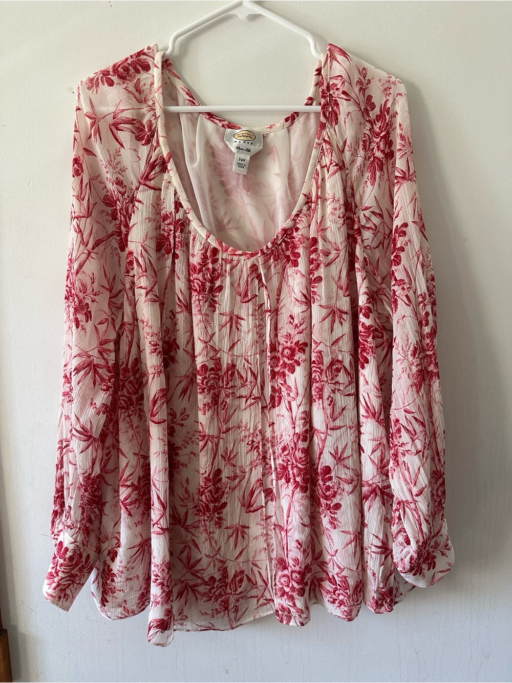 Talbots Silk Cream & Red Floral Peasant Blouse